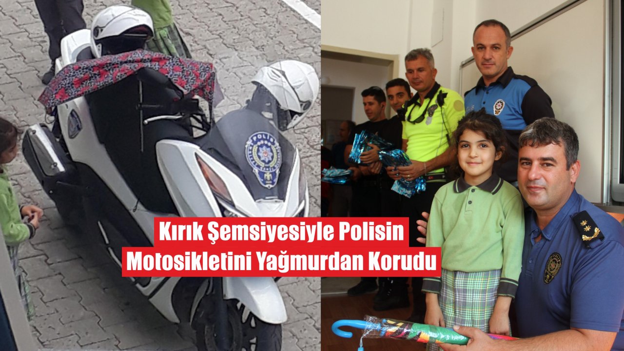 Kırık Şemsiyesiyle Polisin Motosikletini Yağmurdan Korudu