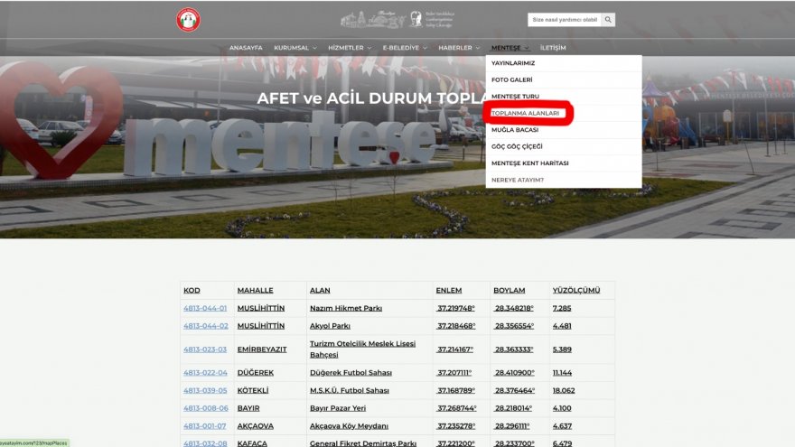 MENTEŞE’DE ACİL TOPLANMA ALANLARI GÜNCELLENDİ