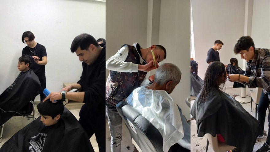 Kuaförlük eğitimi alan öğrenciler depremzedeleri tıraş etti