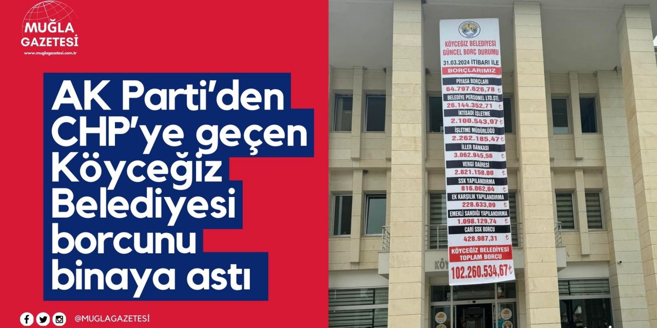 AK Parti’den CHP’ye geçen Köyceğiz Belediyesi borcunu binaya astı