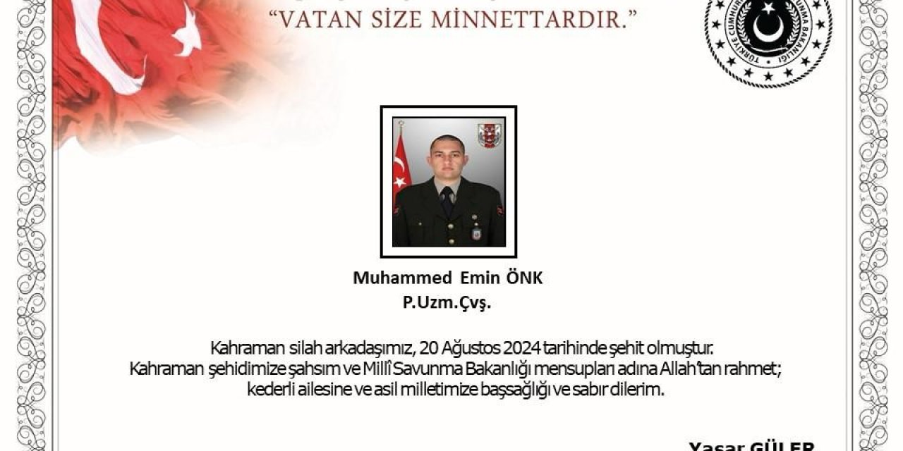 MSB acı haberi duyurdu: Uzman Çavuş Muhammed Emin Önk şehit oldu