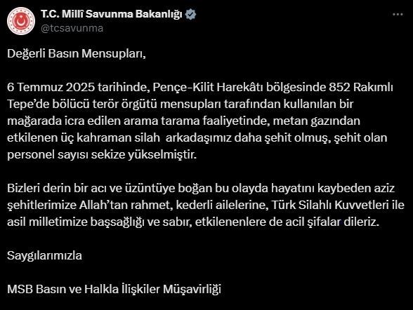 Pençe-Kilit Bölgesinde Acı Kayıp: 3 Asker Daha Şehit Oldu