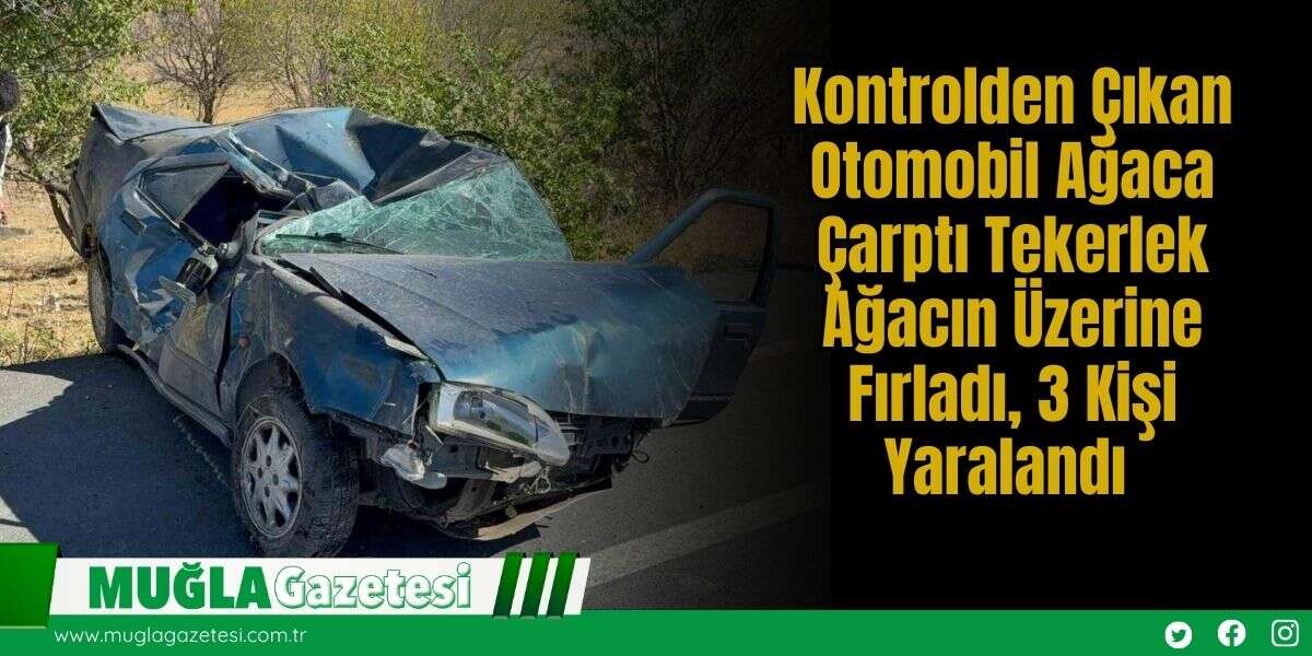 Kontrolden Çıkan Otomobil Ağaca Çarptı: Tekerlek Ağacın Üzerine Fırladı, 3 Kişi Yaralandı