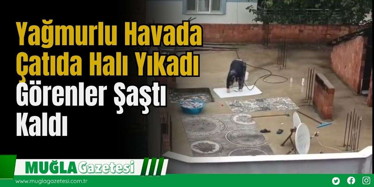 Yağmurlu Havada Çatıda Halı Yıkadı, Görenler Şaştı Kaldı
